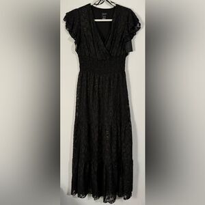 NWT Alexa B Metallic Gold Textured Animal Print Ruffle V-Neck Maxi Dress 10